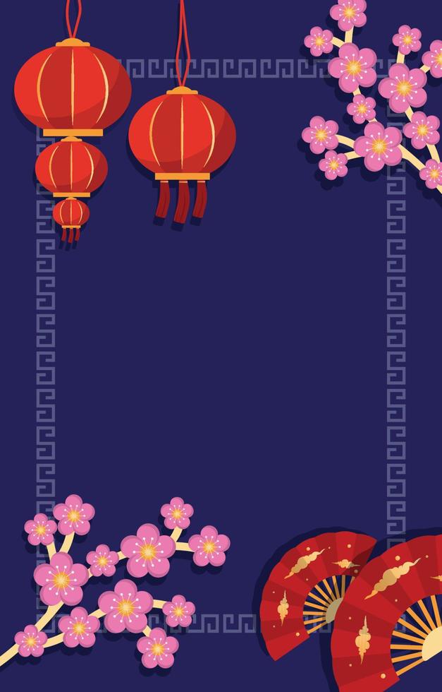 blomlykta fan glad kinesiskt nyår firande blå gratulationskort vektor