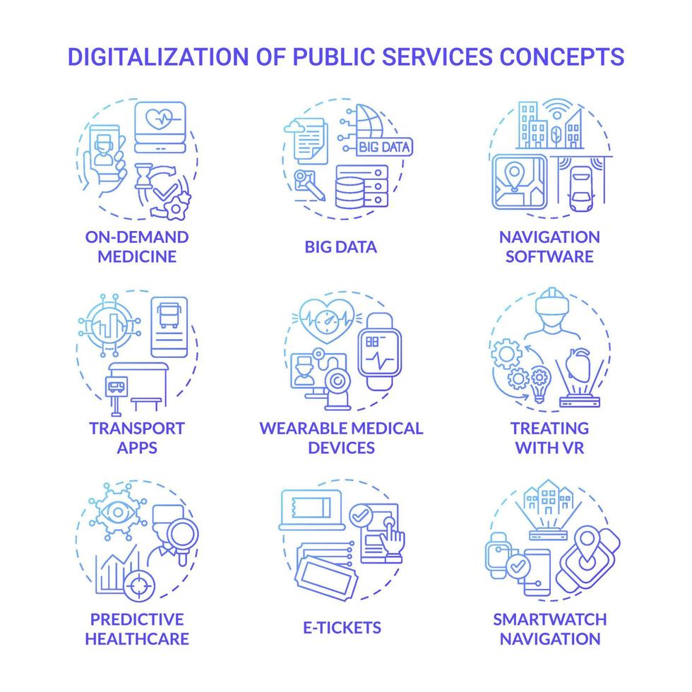 digitalisering av offentliga tjänster blå gradient koncept ikoner set. digital modernisering som ger olika livssfärer idé tunn linje färgillustrationer. vektor isolerade konturritningar