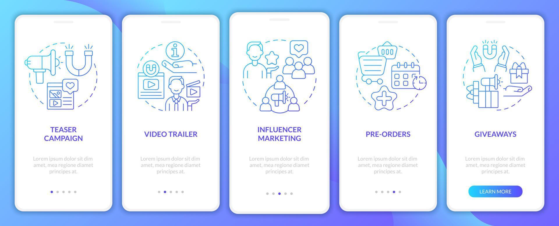 startup promo strategi tips onboarding mobil app sidskärm. affärsprojekt genomgång 5 steg grafiska instruktioner med koncept. ui, ux, gui vektormall med linjära färgillustrationer vektor