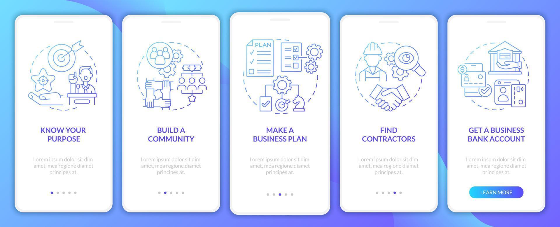 Tipps zur Unternehmensentwicklung beim Onboarding des Bildschirms der mobilen App-Seite. Entrepreneurship Walkthrough 5 Schritte grafische Anweisungen mit Konzepten. ui, ux, gui-Vektorvorlage mit linearen Farbillustrationen vektor