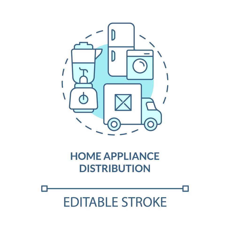 Hausgeräteverteilung türkisblaues Konzeptsymbol. Großhandel mit Haushaltsgeräten. Verteilung abstrakte Idee dünne Linie Abbildung. Vektor isolierte Umriss-Farbzeichnung. bearbeitbarer Strich
