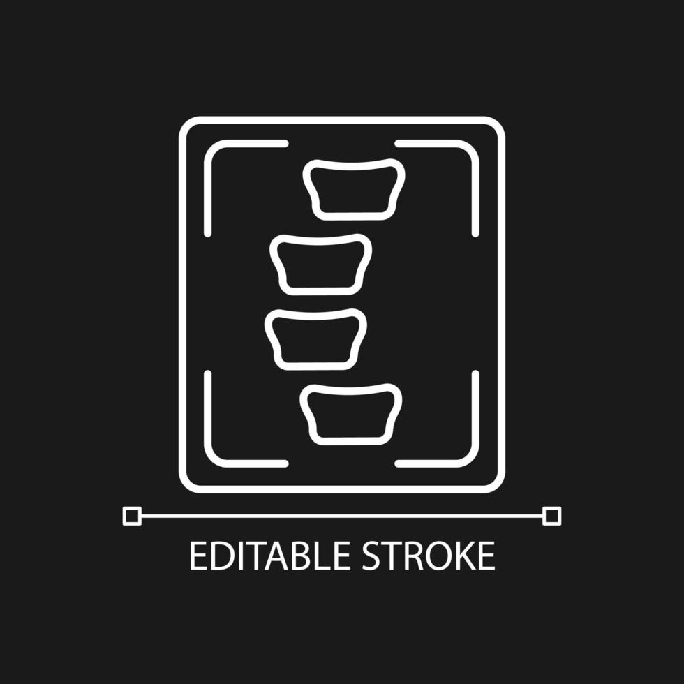 röntgen av skolios vit linjär ikon för mörkt tema. diagnostik för ryggradskurvan. ryggradsdeformitet. tunn linje anpassningsbar illustration. isolerade vektorkontursymbol för nattläge. redigerbar linje vektor