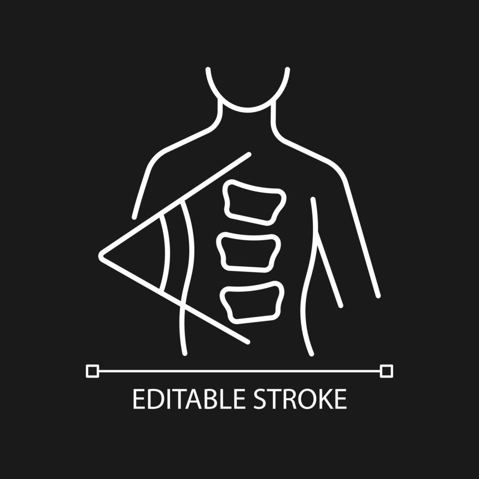 Cobb-Methode weißes lineares Symbol für dunkles Thema. Cobb-Winkel. Skoliosegradmessung. dünne Linie anpassbare Illustration. isoliertes Vektorkontursymbol für den Nachtmodus. bearbeitbarer Strich vektor