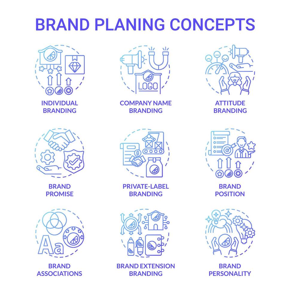 varumärke planering blå gradient koncept ikoner set. marknadsföringsstrategi. främjande av tjänster. kundupplevelse. affärsvärde idé tunn linje färgillustrationer. vektor isolerade konturritningar