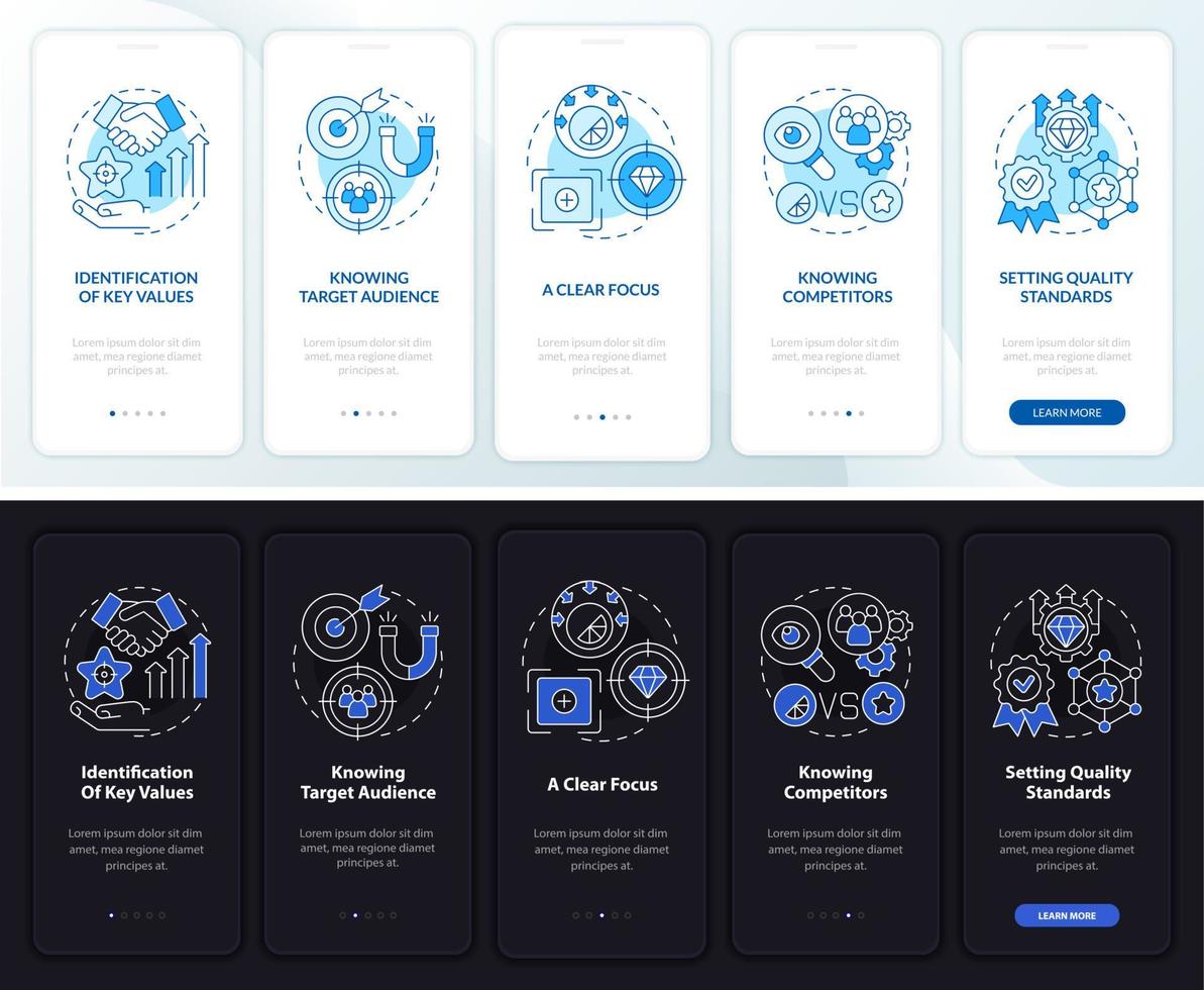 gute Marke dunkler und heller Onboarding-Seitenbildschirm der mobilen App. Business Walkthrough 5 Schritte grafische Anweisungen mit Konzepten. ui, ux, gui-Vektorvorlage mit Nacht- und Tagmodus-Illustrationen vektor