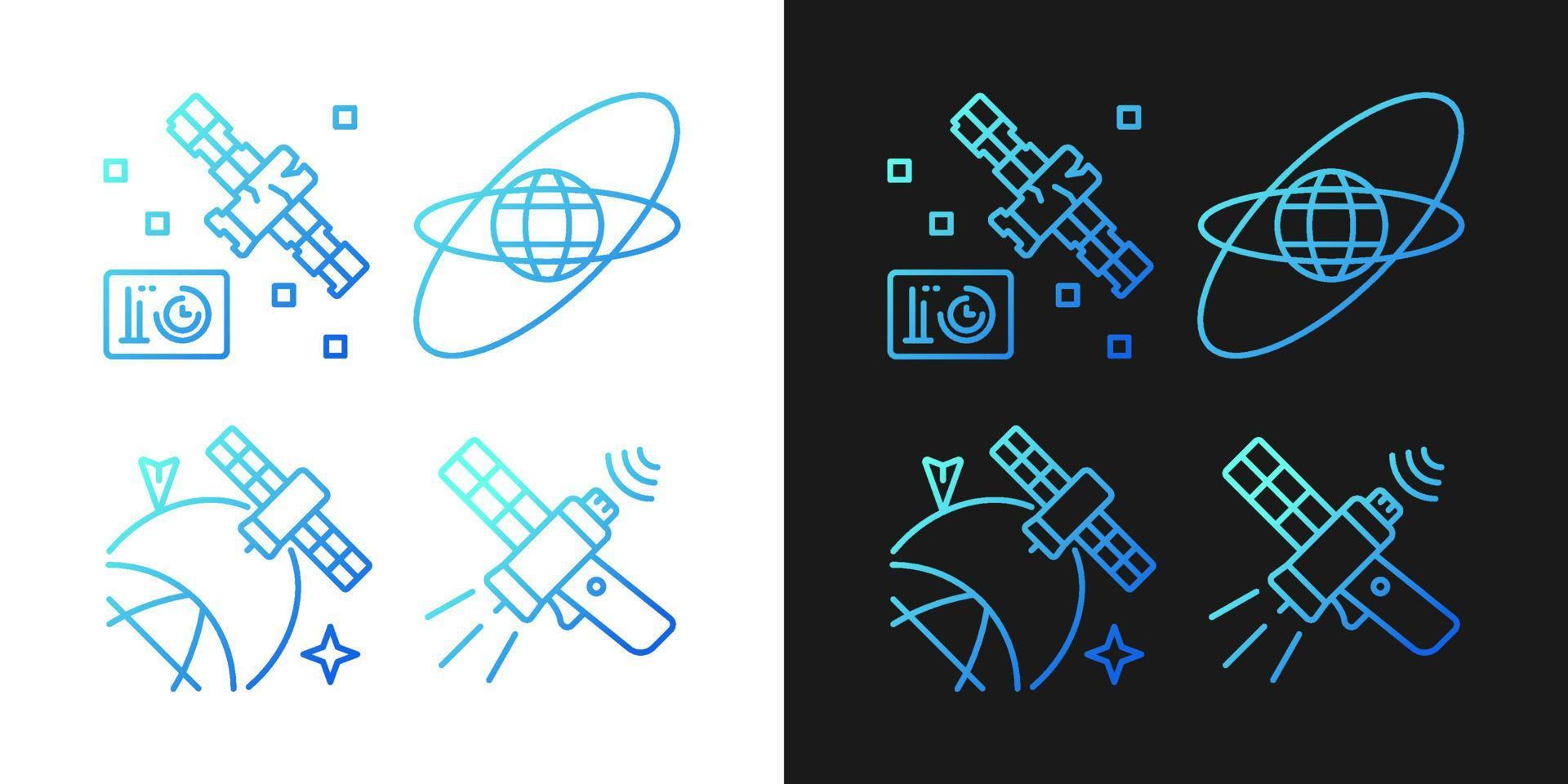 Satelliten im Weltraum-Gradientensymbole für den dunklen und hellen Modus. Bündel von dünnen Kontursymbolen. isolierte Vektor-Umriss-Illustrationen-Sammlung auf Schwarz und Weiß vektor