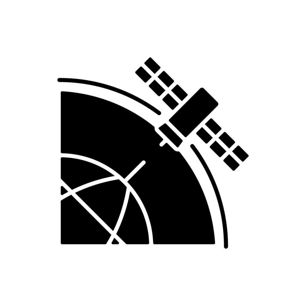 Symbol für schwarze Glyphe des Polarsatelliten. künstlicher Satellit, der die Poloberfläche untersucht. Polare Magnetosphäre, Erforschung der Ionosphäre. Silhouette-Symbol auf Leerzeichen. isolierte Vektorgrafik vektor