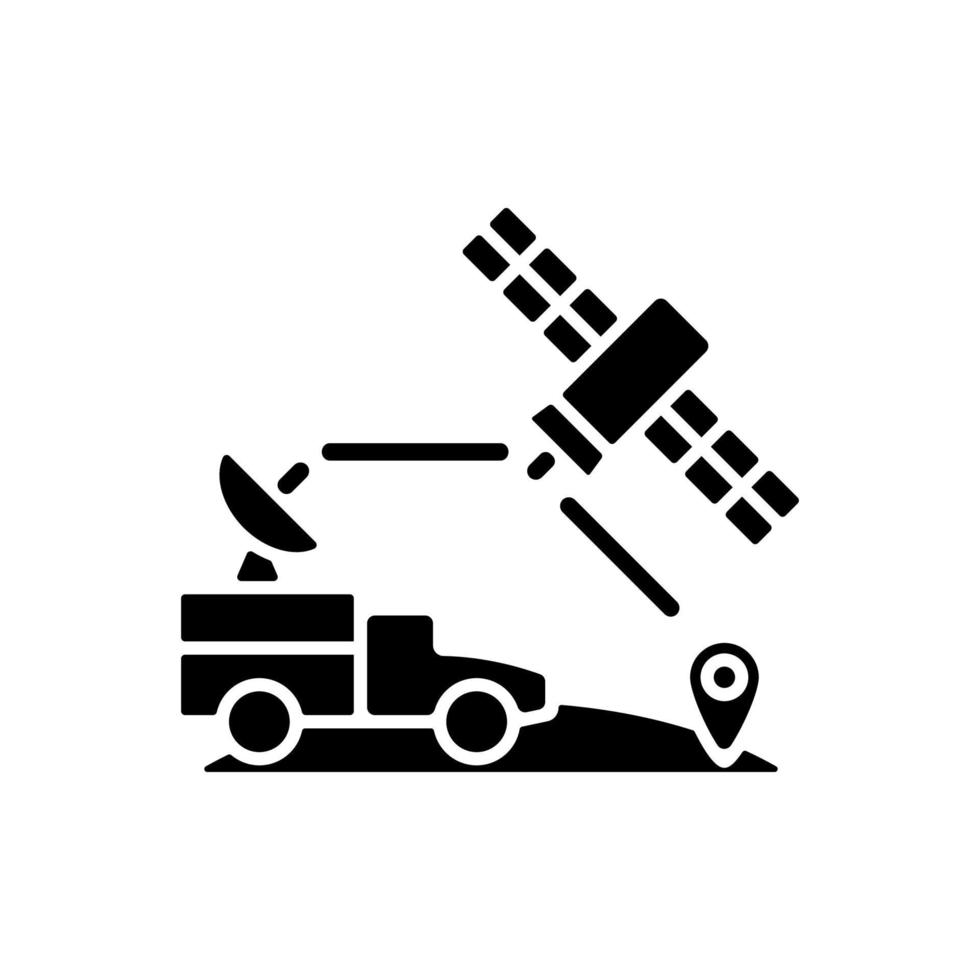 Militärische Nutzung von Satelliten schwarzes Glyphensymbol. Signalempfangsschüssel Satellit. militärische Kommunikation, Informationsübertragung. Silhouette-Symbol auf Leerzeichen. isolierte Vektorgrafik vektor