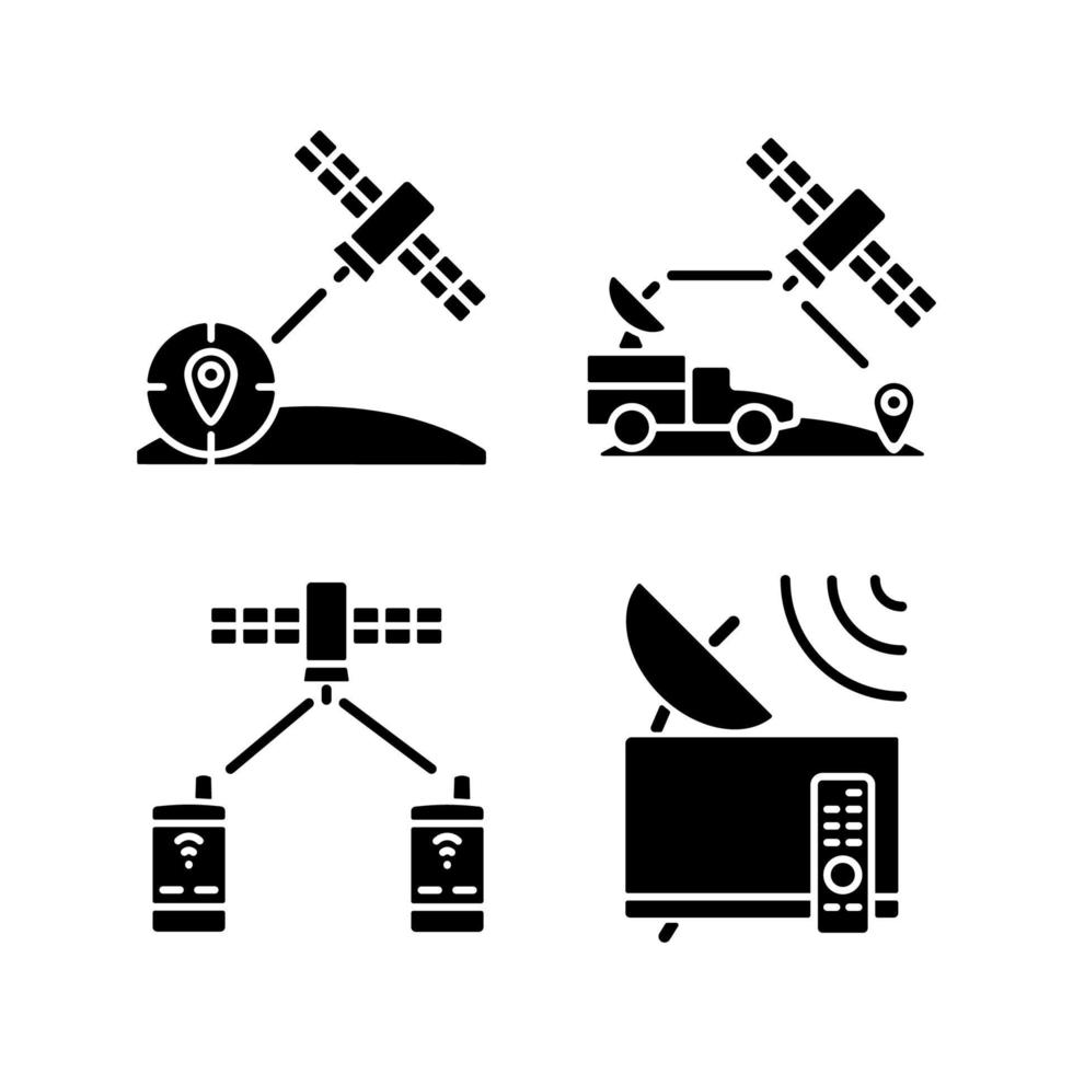 kommunikationssatelliter svarta glyfikoner på vitt utrymme. navigation, militära satelliter. global telekommunikationsnätverksanslutning. siluett symboler. vektor isolerade illustration