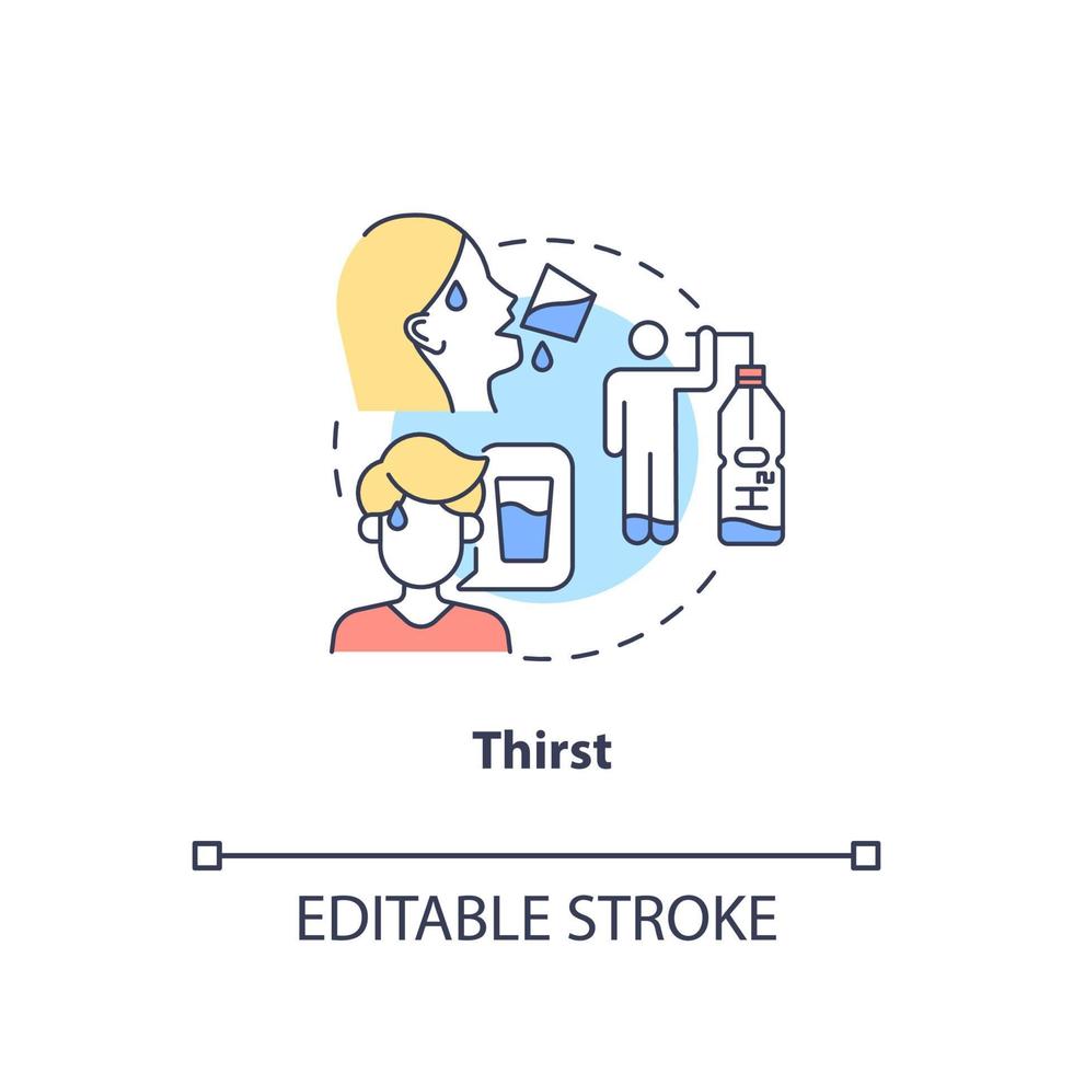 törst koncept ikon. överdriven törst är diabetes tecken. vätskebalansen i kroppen. uttorkning tecken abstrakt idé tunn linje illustration. vektor isolerade kontur färgritning. redigerbar linje