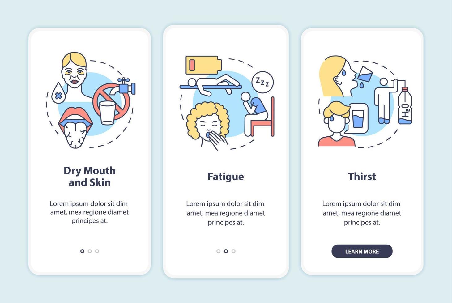 Dehydrationssymptome beim Onboarding des Seitenbildschirms der mobilen App. Anzeichen für Flüssigkeitsverlust Walkthrough 3 Schritte grafische Anweisungen mit Konzepten. ui, ux, gui-Vektorvorlage mit linearen Farbillustrationen vektor