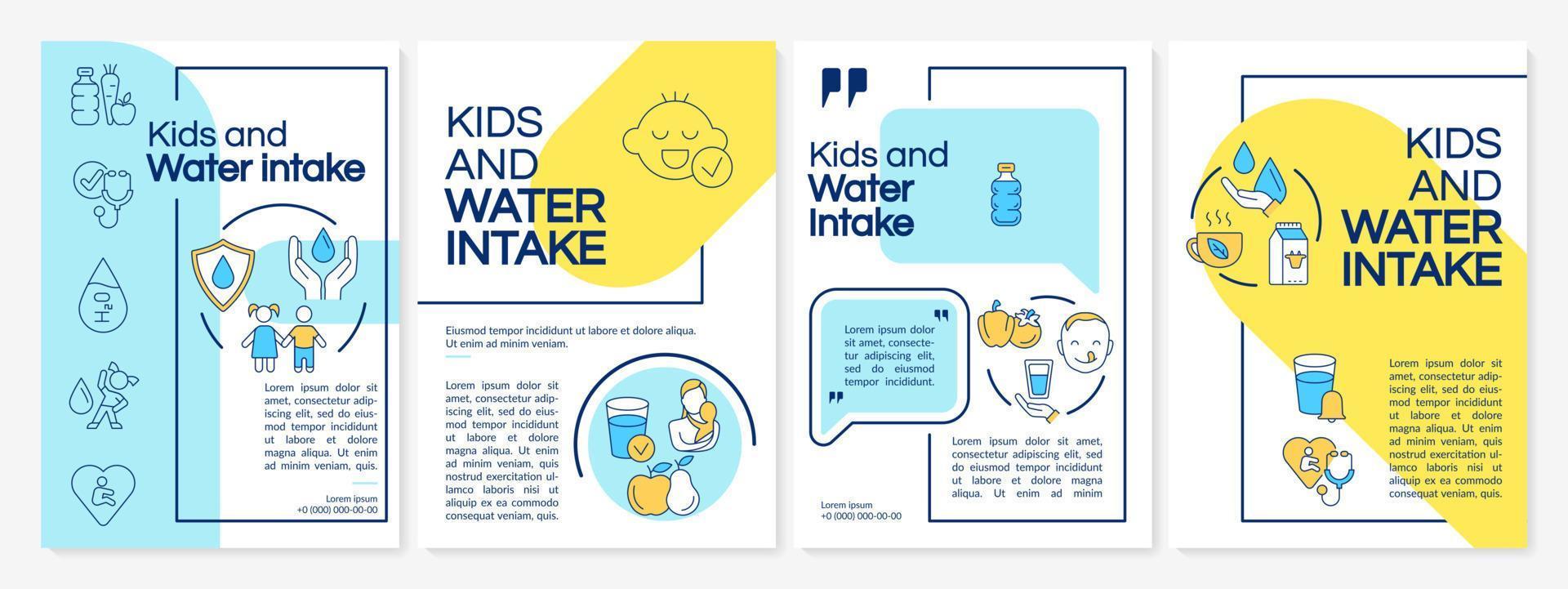 Kinder und Wasseraufnahme blau, gelbe Broschürenvorlage. Flyer, Broschüre, Broschürendruck, Cover-Design mit linearen Symbolen. Vektorlayouts für Präsentationen, Geschäftsberichte, Anzeigenseiten vektor