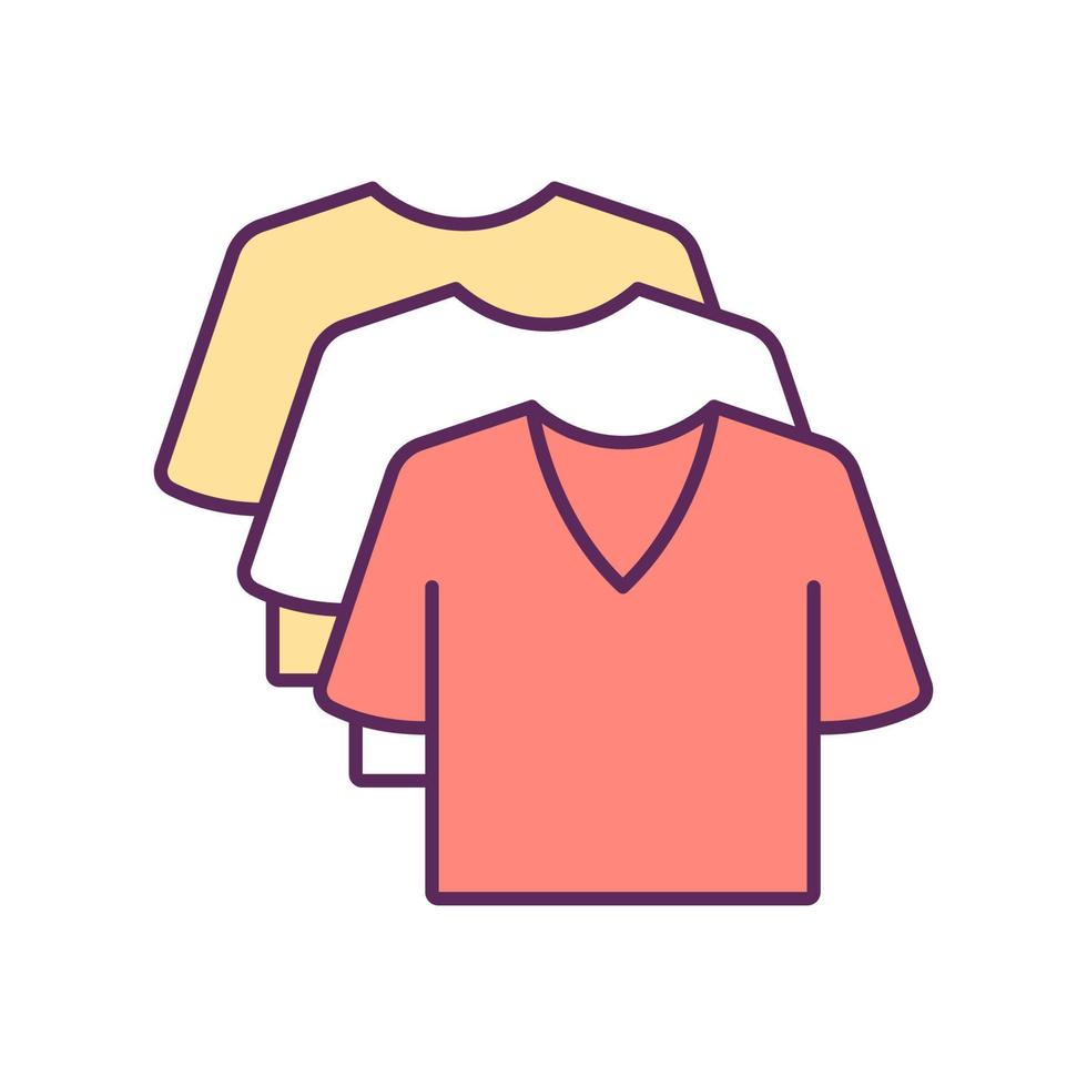 Bekleidungs-RGB-Farbsymbol. verschiedene T-Shirts. sportbekleidung garderobe. Outfit im lässigen Stil. Kleidung einkaufen. Kleidung kaufen. Konsumismus. isolierte Vektor-Illustration. einfache gefüllte Strichzeichnung vektor
