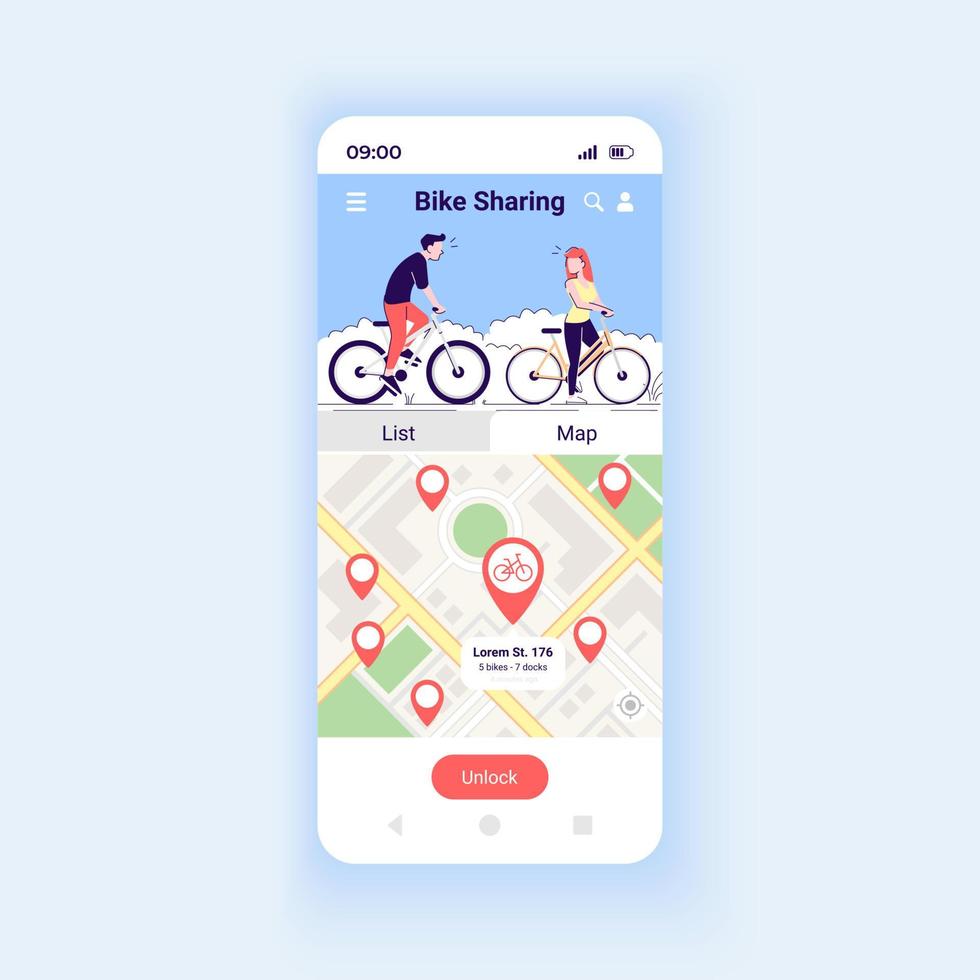 cykeldelning app smartphone gränssnitt vektor mall. siddesign för mobilappar. miljövänliga transporter. skärm för cykeldelningsplattform. platt UI för applikation. telefonens display