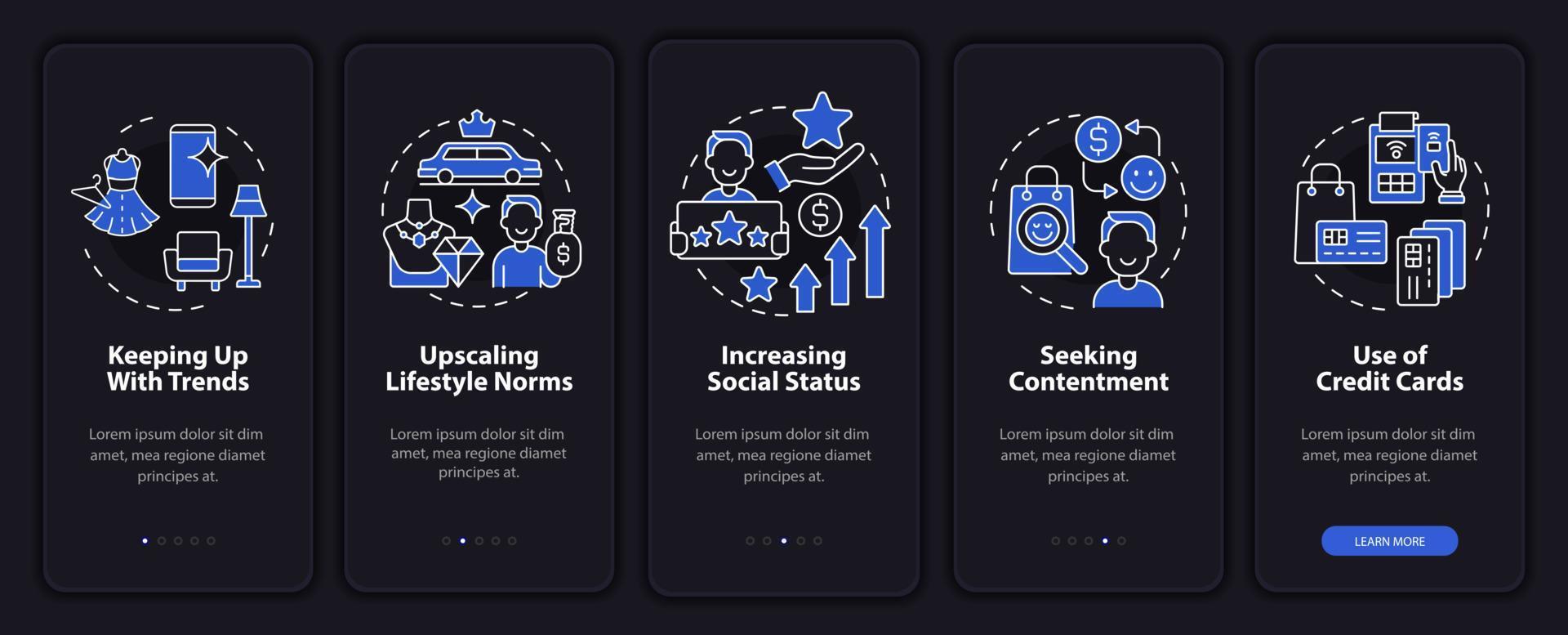 Konsummotivation dunkler Onboarding-Bildschirm der mobilen App-Seite. kaufen Walkthrough 5 Schritte grafische Anweisungen mit Konzepten. ui, ux, gui-vektorvorlage mit linearen nachtmodus-illustrationen vektor