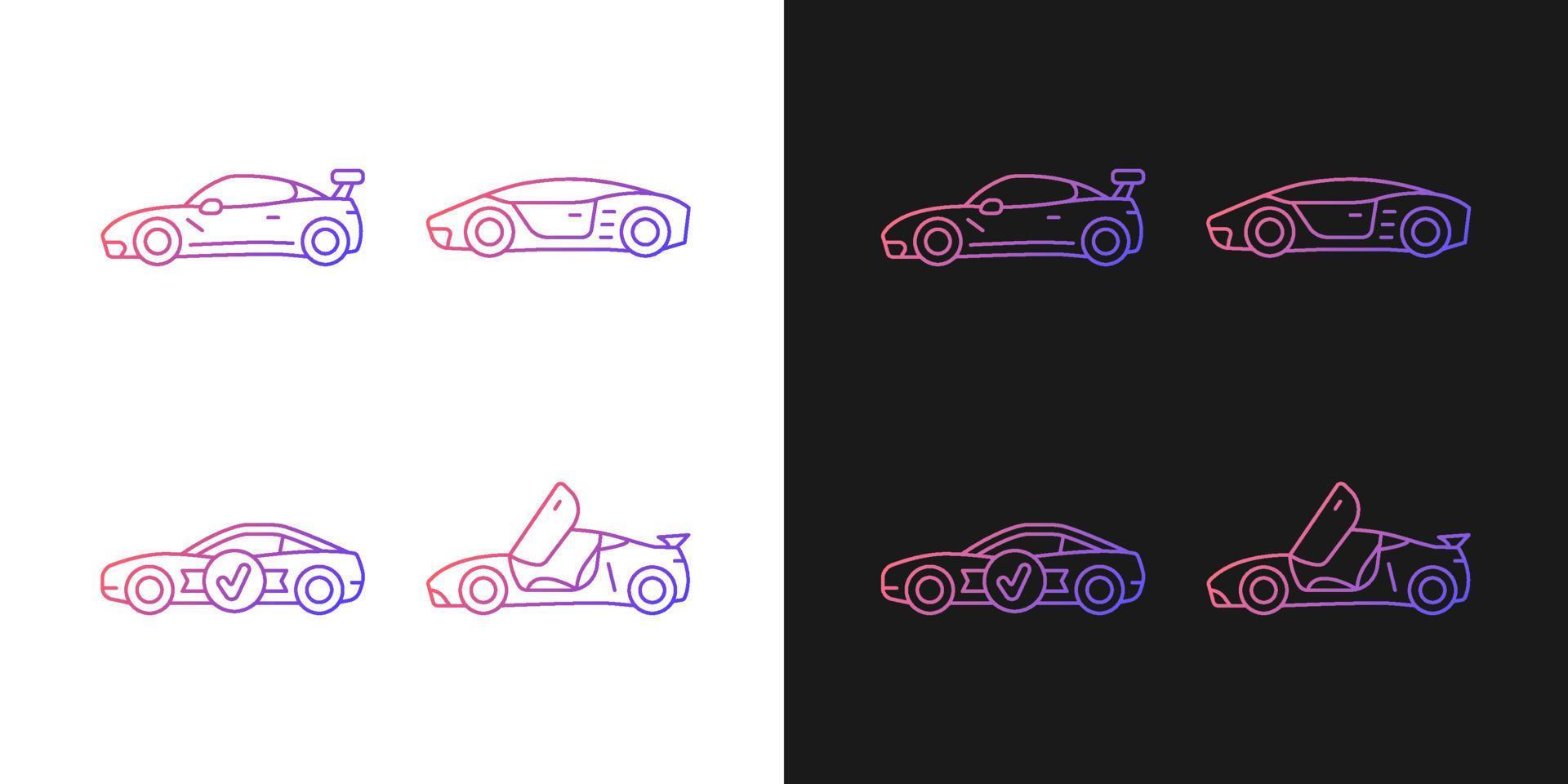 Rennwagenmodelle mit Farbverlaufssymbolen für den dunklen und hellen Modus. hoch bewertetes professionelles auto. Bündel von dünnen Kontursymbolen. isolierte Vektor-Umriss-Illustrationen-Sammlung auf Schwarz und Weiß vektor