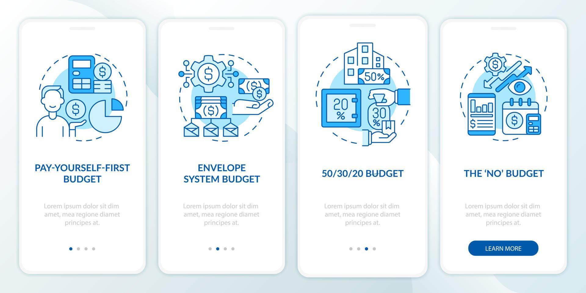 Budget nähert sich dem blauen Onboarding-Bildschirm der mobilen App. Finanzplantypen exemplarische Vorgehensweise in 4 Schritten mit grafischen Anleitungsseiten mit linearen Konzepten. ui, ux, GUI-Vorlage. unzählige pro-fette, normale Schriftarten verwendet vektor