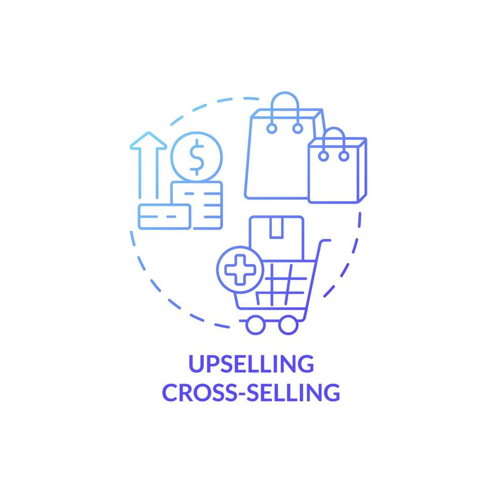 Upselling-Cross-Selling-Symbol mit blauem Farbverlauf-Konzept. zusätzliche Waren kaufen. Kundenkontaktpunkt abstrakte Idee dünne Linie Abbildung. isolierte Umrisszeichnung. roboto-medium, unzählige Pro-Bold-Schriften verwendet vektor