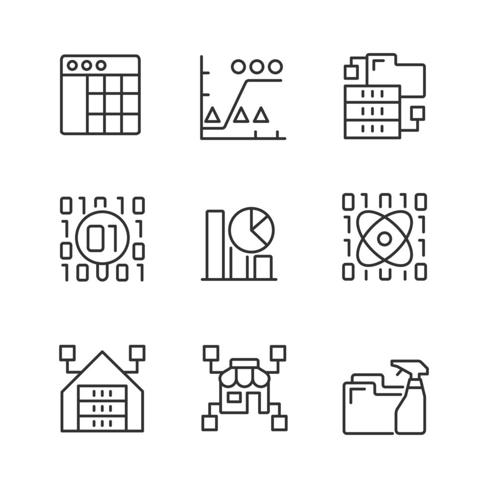 Data Mining in der Industrie lineare Pixel perfekte Icons Set. Wissen in Daten entdecken. Informationen analysieren und speichern. anpassbare Kontursymbole mit dünnen Linien. isolierte vektorumrissillustrationen vektor