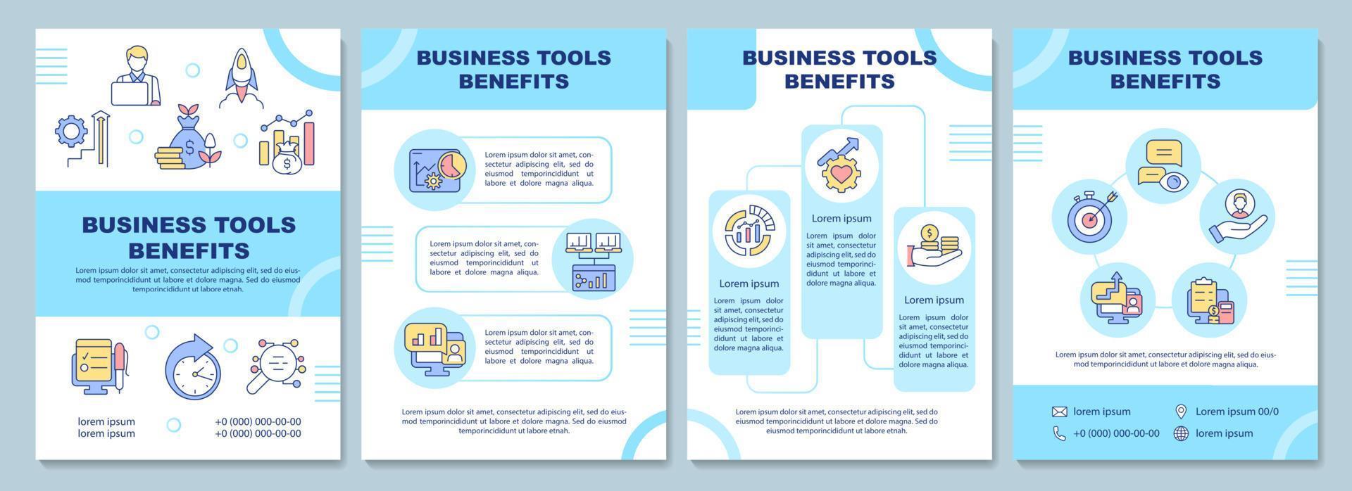 Business Tools Vorteile Broschüre Vorlage. Effizienz steigern. Broschürendruckdesign mit linearen Symbolen. Vektorlayouts für Präsentationen, Jahresberichte, Anzeigen. Arial-Black, unzählige pro-reguläre Schriftarten verwendet vektor