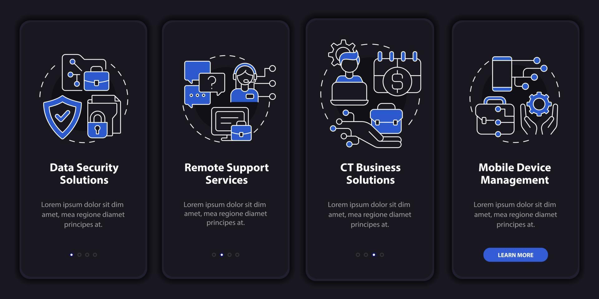 Unternehmenscomputerdienst-Nachtmodus beim Onboarding des Bildschirms der mobilen App. exemplarische 4-stufige grafische Anleitungsseiten mit linearen Konzepten. ui, ux, GUI-Vorlage. unzählige pro-fette, normale Schriftarten verwendet vektor