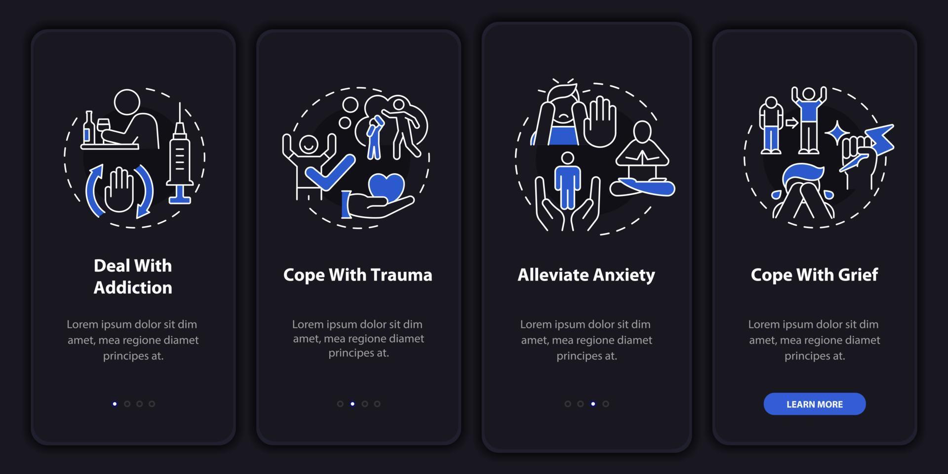 über den Nachtmodus für psychische Gesundheit beim Onboarding des Bildschirms der mobilen App sprechen. exemplarische 4-stufige grafische Anleitungsseiten mit linearen Konzepten. ui, ux, GUI-Vorlage. unzählige pro-fette, normale Schriftarten verwendet vektor