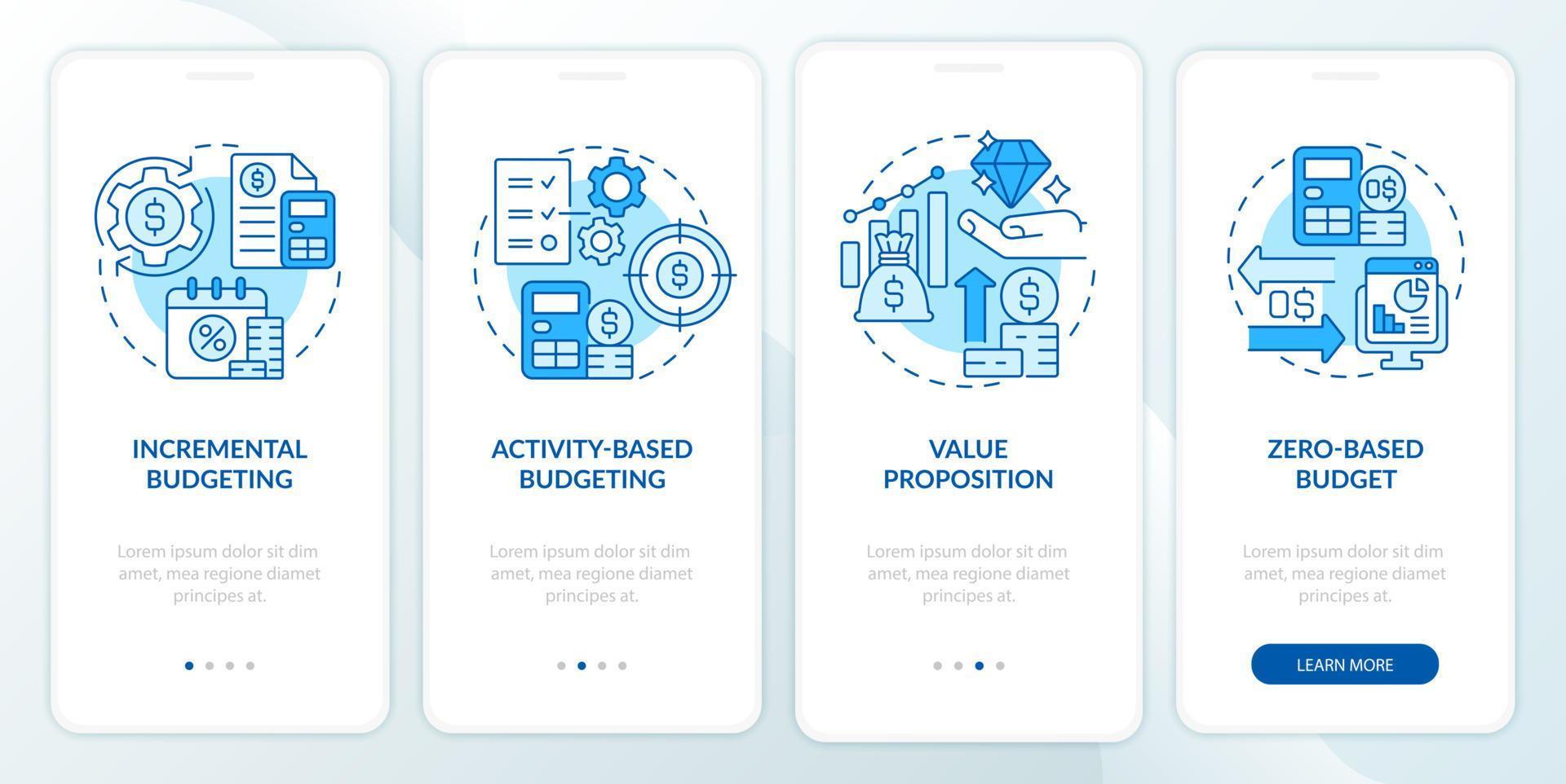 Budgetierungstypen blauer Onboarding-Bildschirm für mobile Apps. Planungsansätze Walkthrough 4 Schritte grafische Anleitungsseiten mit linearen Konzepten. ui, ux, GUI-Vorlage. unzählige pro-fette, normale Schriftarten verwendet vektor