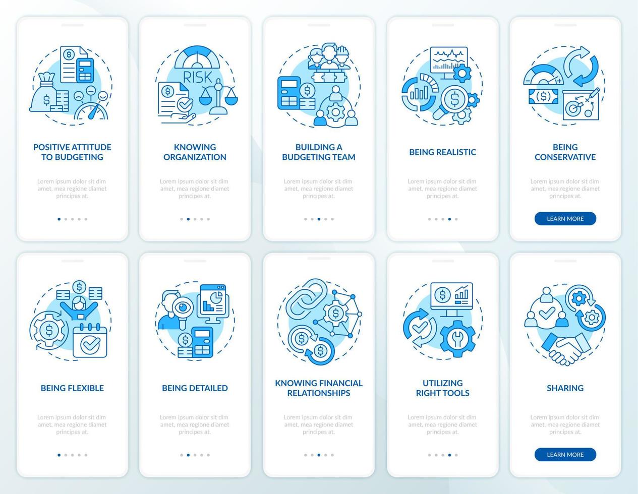 Finanzgeschäftsplan Blau Onboarding Mobile App-Bildschirmsatz. exemplarische 5-stufige grafische Anleitungsseiten mit linearen Konzepten. ui, ux, GUI-Vorlage. unzählige pro-fette, normale Schriftarten verwendet vektor