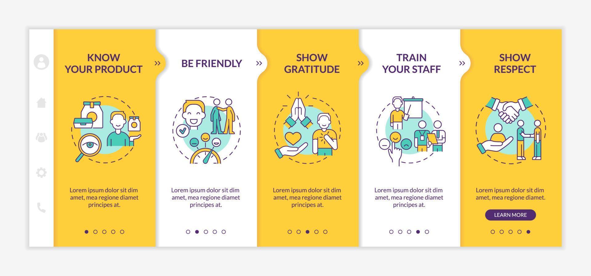 Kundenservice gelbe Onboarding-Vorlage. hervorragende Kundenbetreuung. Responsive mobile Website mit linearen Konzeptsymbolen. Webseiten-Walkthrough-Bildschirme in 5 Schritten. lato-fett, normale Schriftarten verwendet vektor
