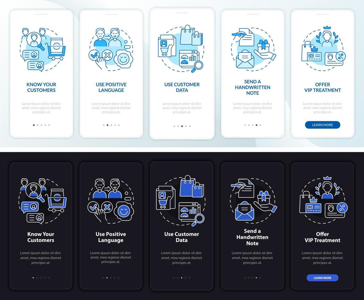 Kundenbetreuung im Nacht- und Tagmodus beim Onboarding des Bildschirms der mobilen App. exemplarische 5-stufige grafische Anleitungsseiten mit linearen Konzepten. ui, ux, GUI-Vorlage. unzählige pro-fette, normale Schriftarten verwendet vektor