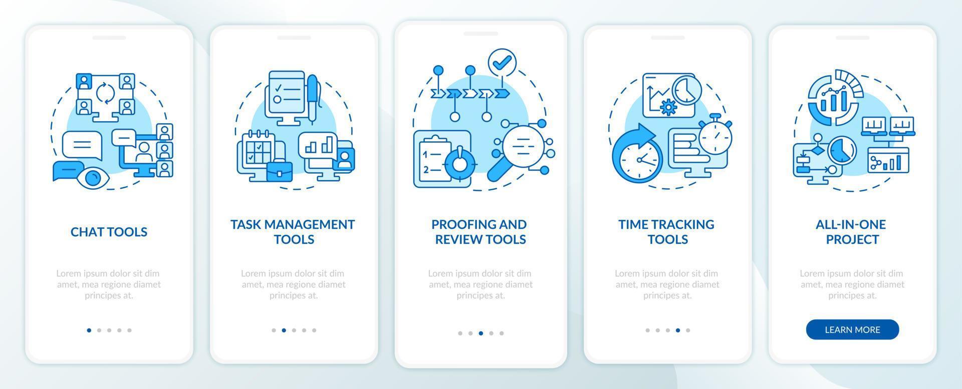 wichtige Geschäftstools blauer Onboarding-Bildschirm für mobile Apps. Proofing-Walkthrough 5-stufige grafische Anleitungsseiten mit linearen Konzepten. ui, ux, GUI-Vorlage. unzählige pro-fette, normale Schriftarten verwendet vektor