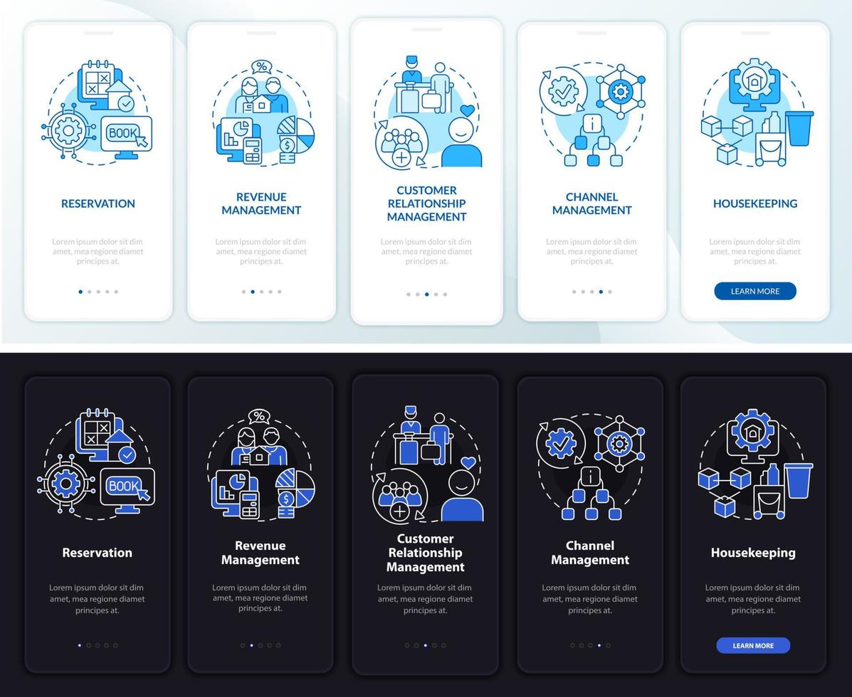 Module des Nacht- und Tagmodus der Unterkunft beim Onboarding des mobilen App-Bildschirms. Tech Walkthrough 5 Schritte grafische Anleitungsseiten mit linearen Konzepten. ui, ux, GUI-Vorlage. unzählige pro-fette, normale Schriftarten verwendet vektor