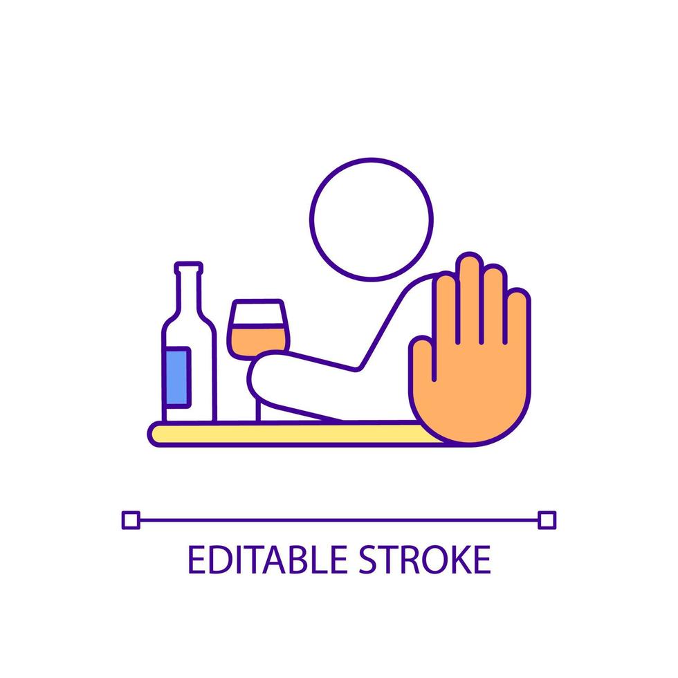 alkoholmissbruk förebyggande rgb färgikon. hantera överdriven alkoholkonsumtion. behandling för tungt drickande. isolerade vektor illustration. enkel fylld linjeteckning. redigerbar linje. arial teckensnitt som används