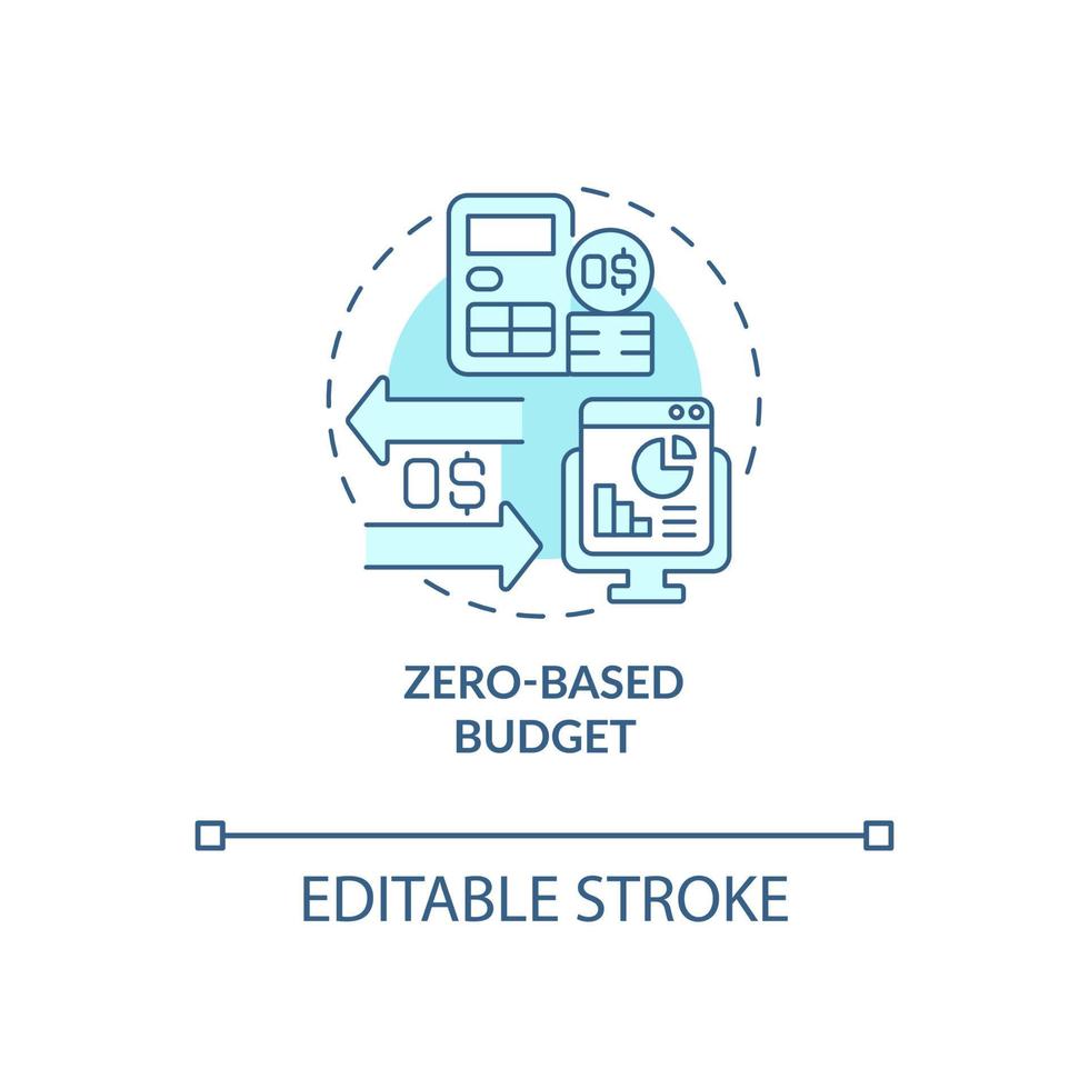 Symbol für das türkisfarbene Konzept des nullbasierten Budgets. Corporate Budgeting Ansatz abstrakte Idee dünne Linie Illustration. isolierte Umrisszeichnung. editierbarer Strich. roboto-medium, unzählige Pro-Bold-Schriften verwendet vektor