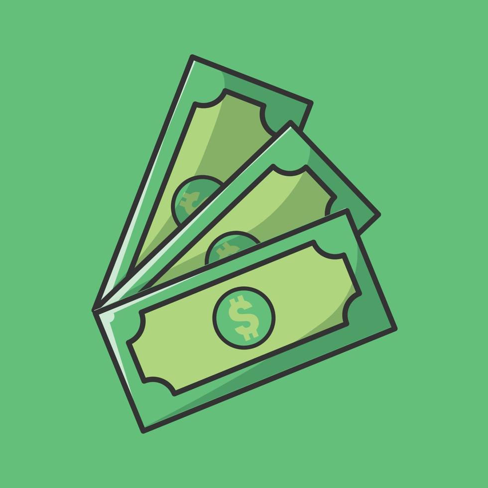 3 dollar kontanter tecknad vektorikonillustration i grön bakgrund för webben, målsida, banner, reklamblad, annonser, reklam, företag, lokal vektor