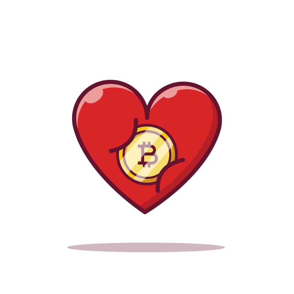 Unternehmenskonzept. Bitcoin im flachen Stil der Herzvektorikone auf weißem Hintergrund für Web, Zielseite, Anzeigen, Werbung, Aufkleber, Banner, Flieger vektor