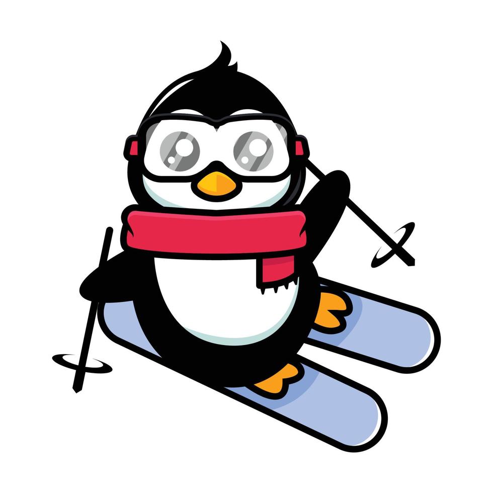söt pingvin skidåkning maskot design vektor