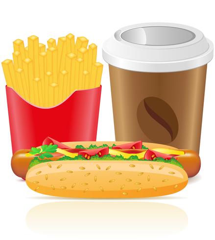 Hotdog Pommes frites Kartoffel und Pappbecher mit Kaffee vektor