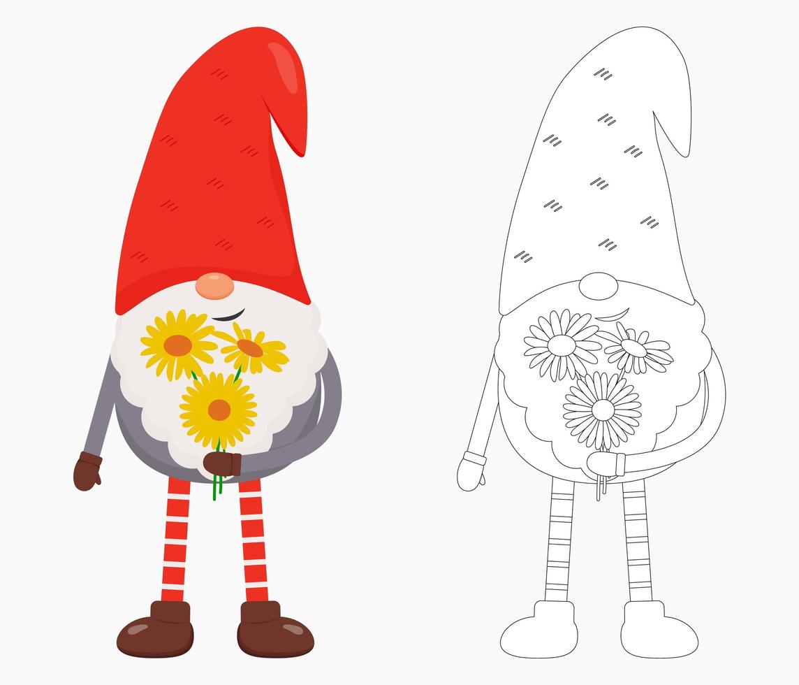 söt valentine gnome med blommor i händerna. platt vektorillustration för st. alla hjärtans dag present, kort, tryck, dekoration. gnome i färg och kontur. vektor