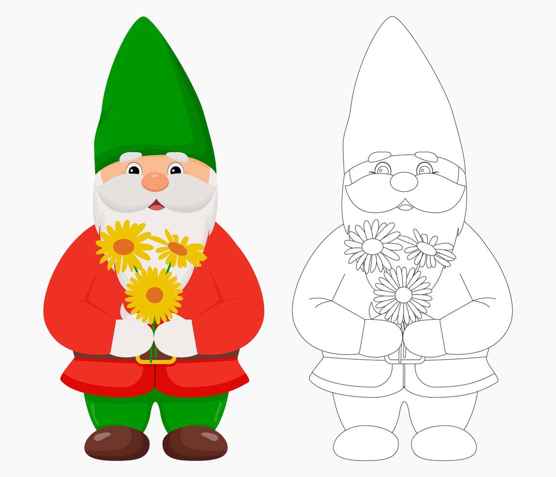 süßer Gartenzwerg mit Blumen in den Händen. Gnome in Farbe und Umriss. vektor