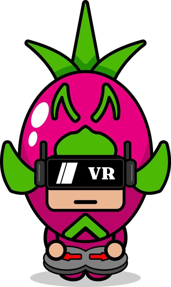 Drachenfrucht-Maskottchen-Kostüm-Vektor-Cartoon-Figur, die ein Virtual-Reality-Spiel spielt vektor