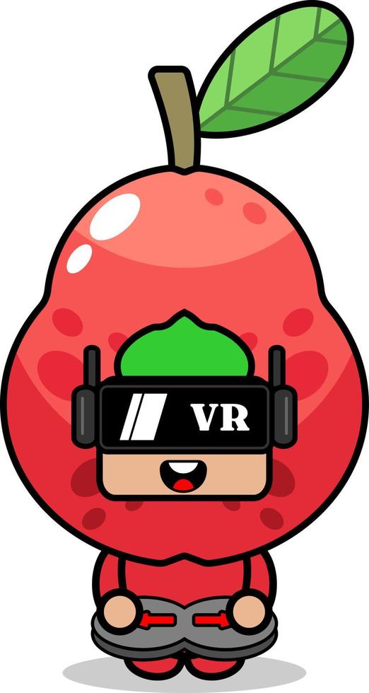 Cartoon-Charakter-Vektor-süßes Guave-Frucht-Maskottchen-Kostüm, das ein Virtual-Reality-Spiel spielt vektor