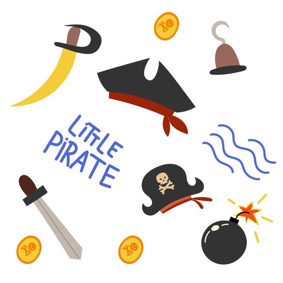 Bild von Piratenutensilien, Säbel und Haken, Goldmünzen, Piratenhut. Vektor-Illustration vektor