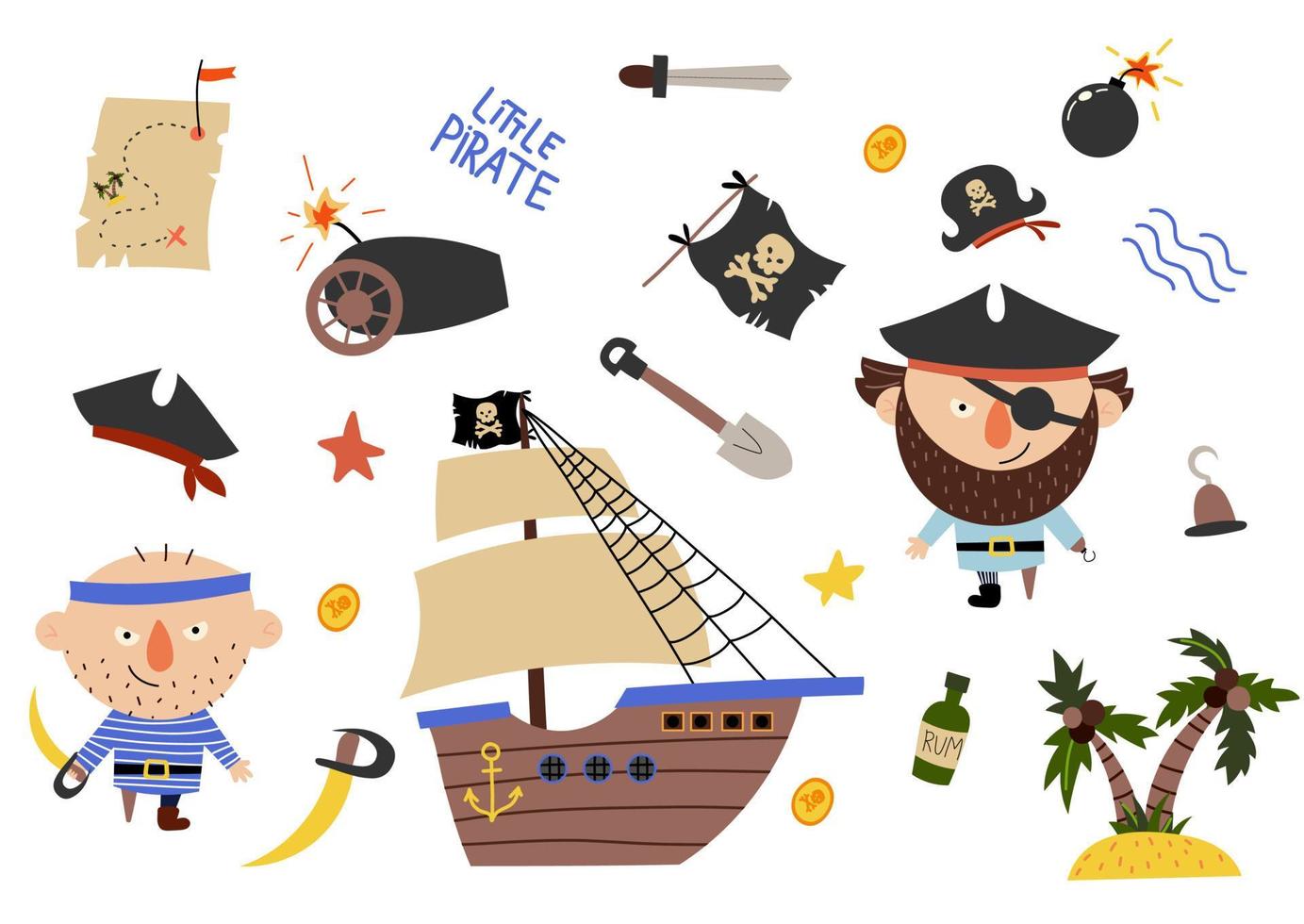 härlig piratuppsättning i tecknad stil. sött kort med pirater, skepp, rom, ankare, skatt, ö. fantastisk bakgrund i ljusa färger vektor