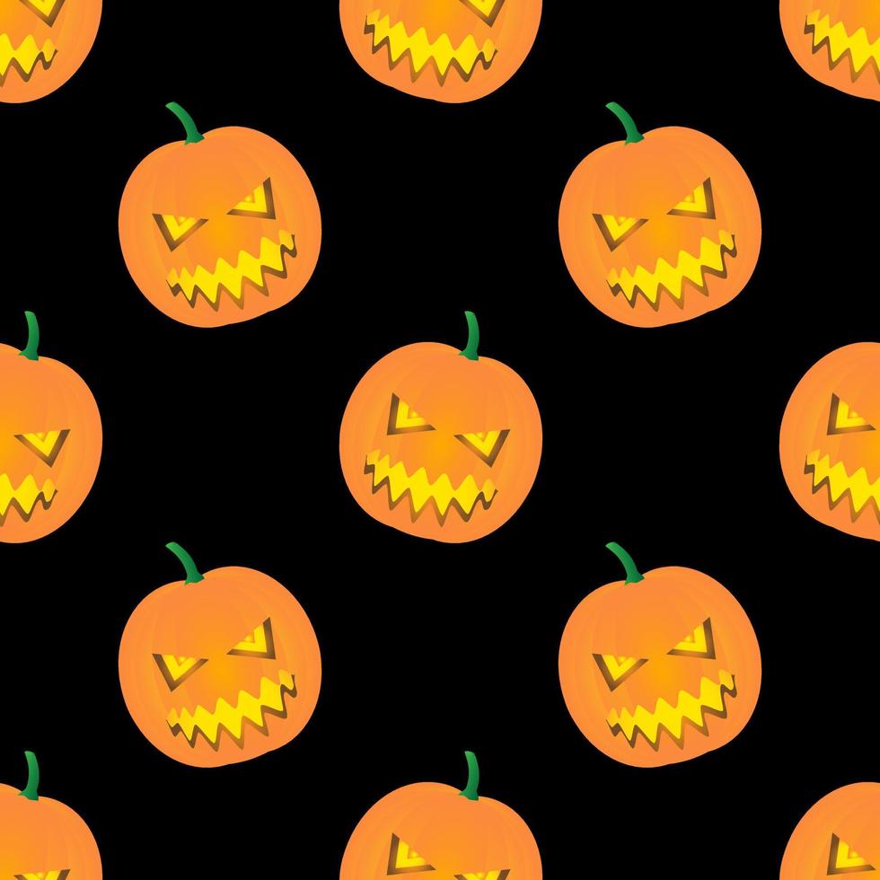 sömlösa mönster orange pumpa vektor design spöke ansikte karaktär. svart bakgrund. tapetdesign för att fira halloweendagen.