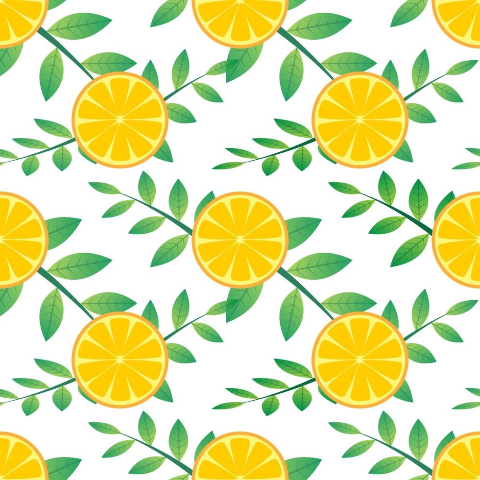 nahtlose Muster-Vektor-Illustration von orangefarbenen Früchten und grünem Blatt-Design. gelber Hintergrund. Design für Tapeten, Hintergrund und Druck auf Stoff. moderne Vorlagen vektor