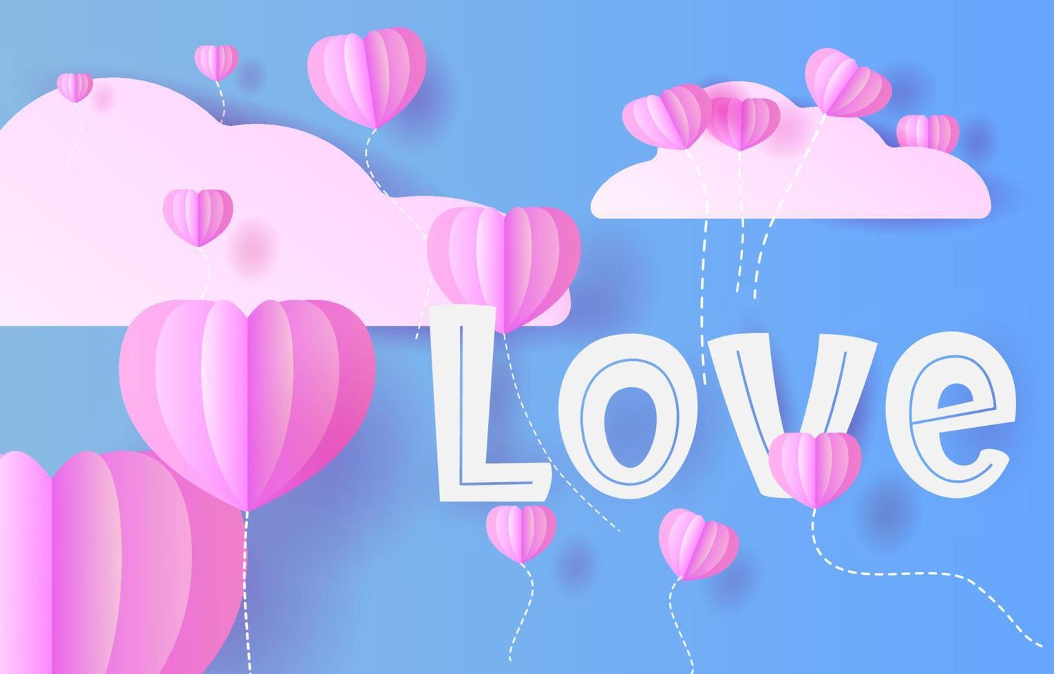 3D-Papierkunst rosa Luftballons lieben den Himmelshintergrund vektor