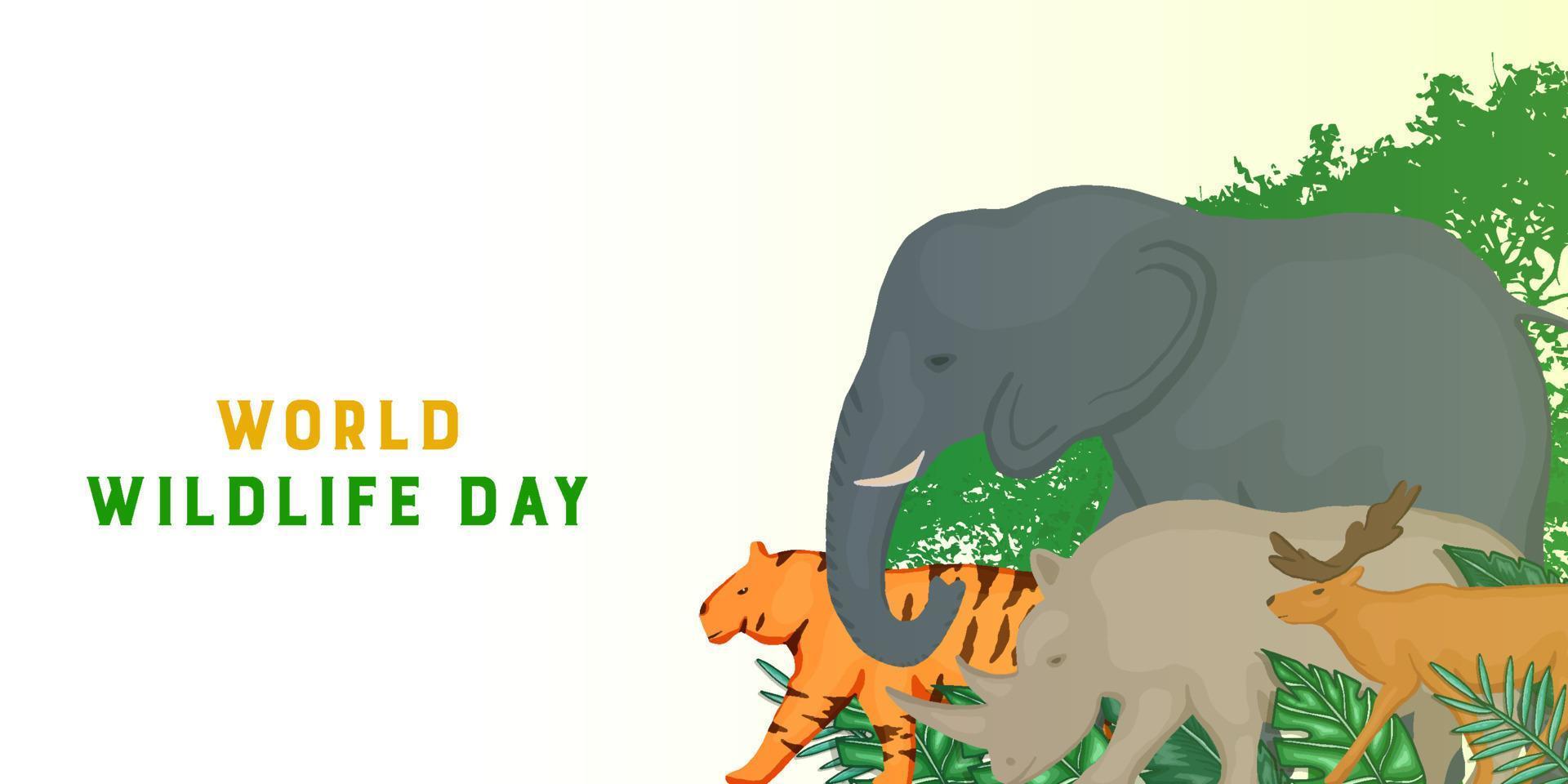 World Wildlife Day bakgrund med djur, löv och träd vektor