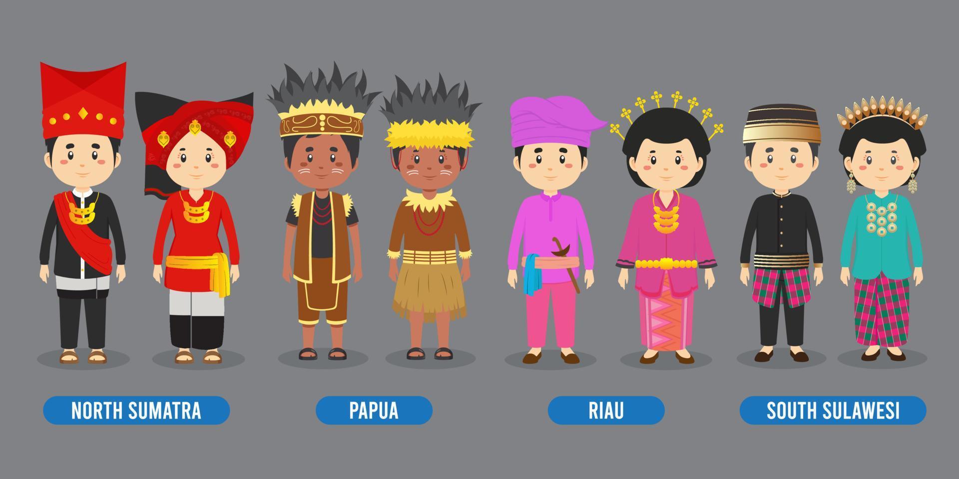 karaktär i olika indonesiska traditionella dräkter vektor