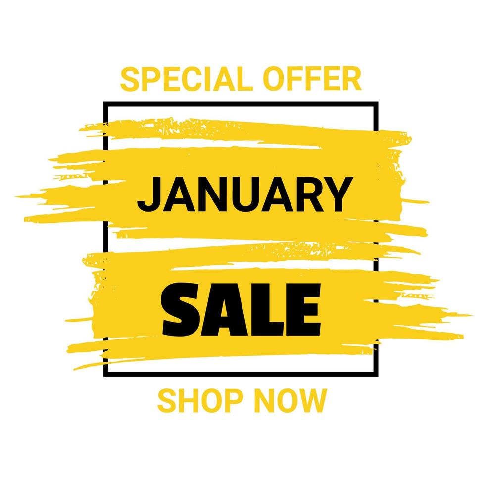 januari försäljning banner mall. Specialerbjudande. rabatt text på gult penseldrag vektor